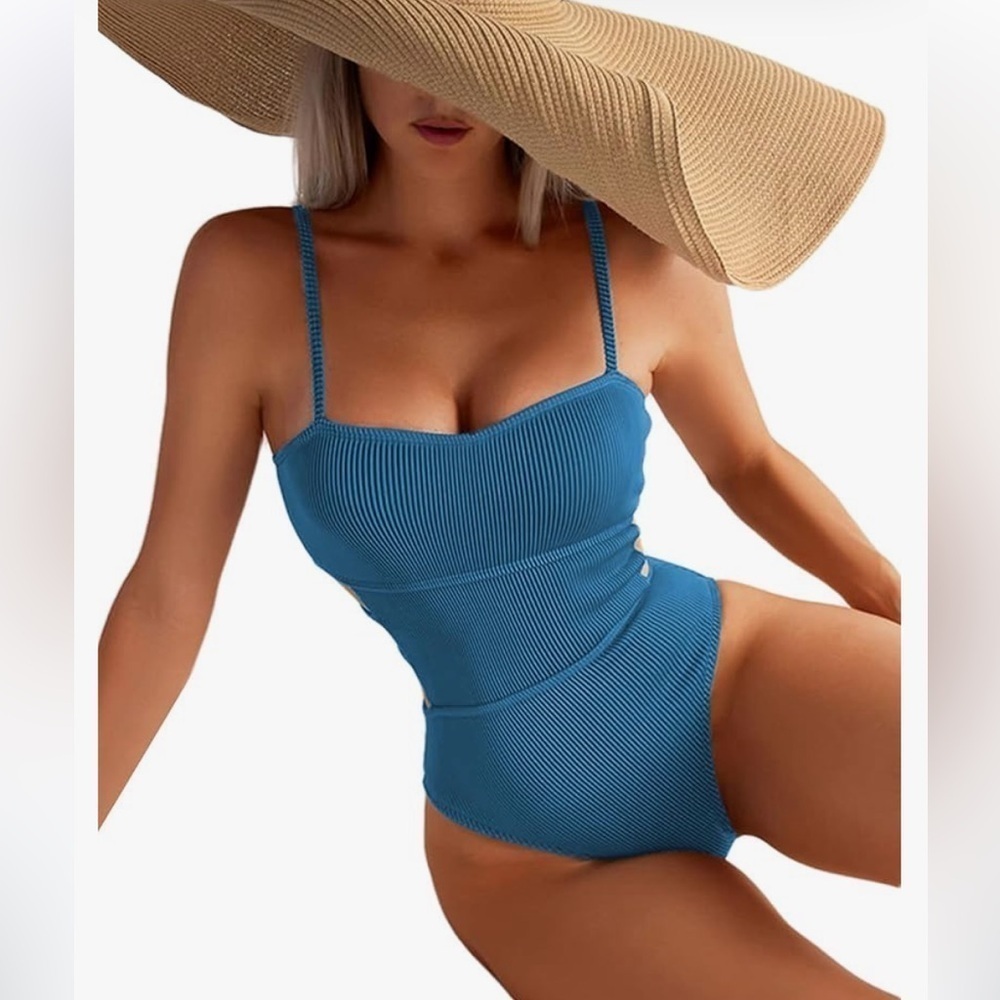 NWT Hilinker Women's Ribbed One Piece Swimwear Cutout Tummy Control Bathing Suit - Picture 4 of 7